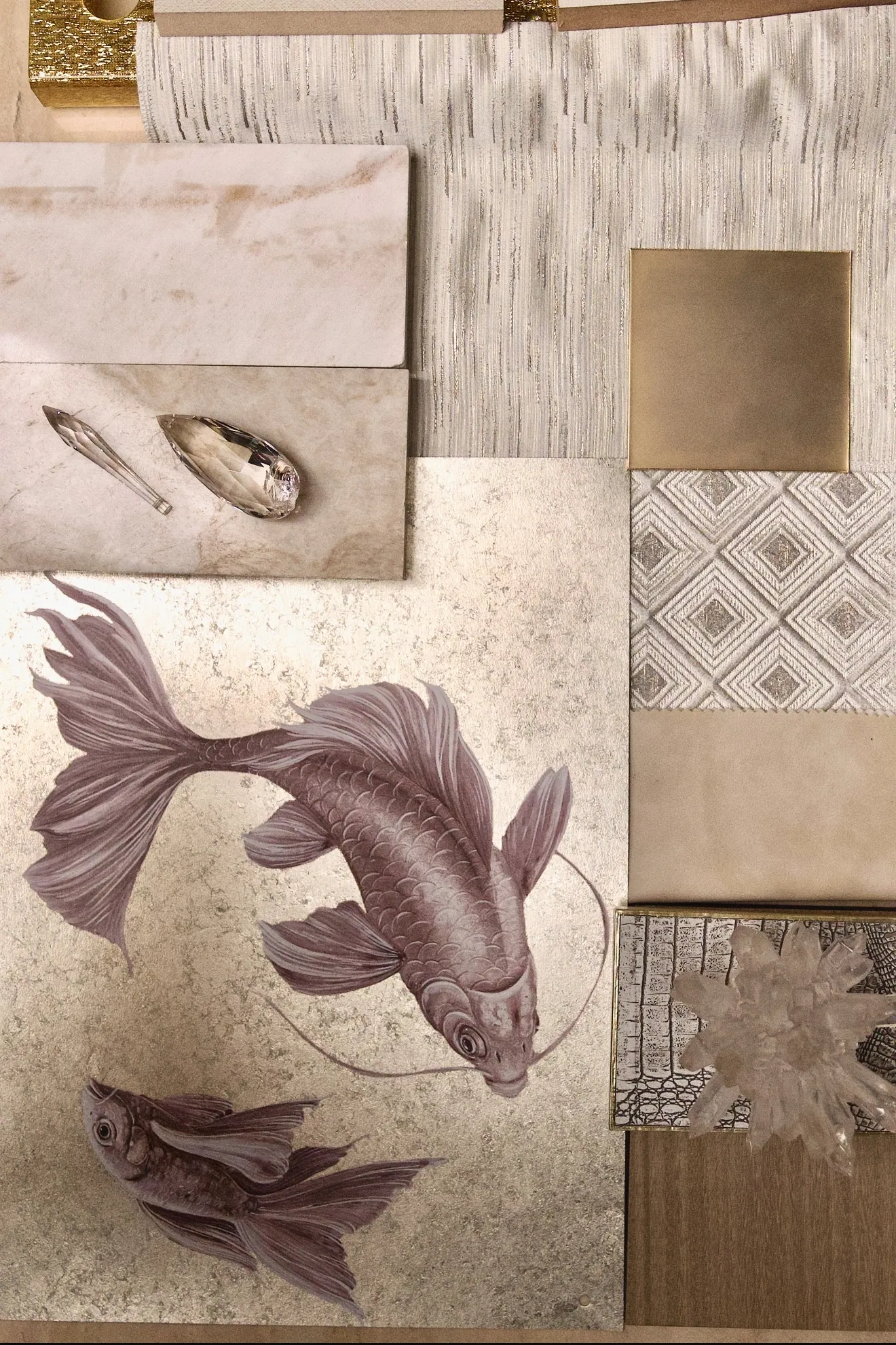 Material moodboard with koi wallcovering, marble and brass